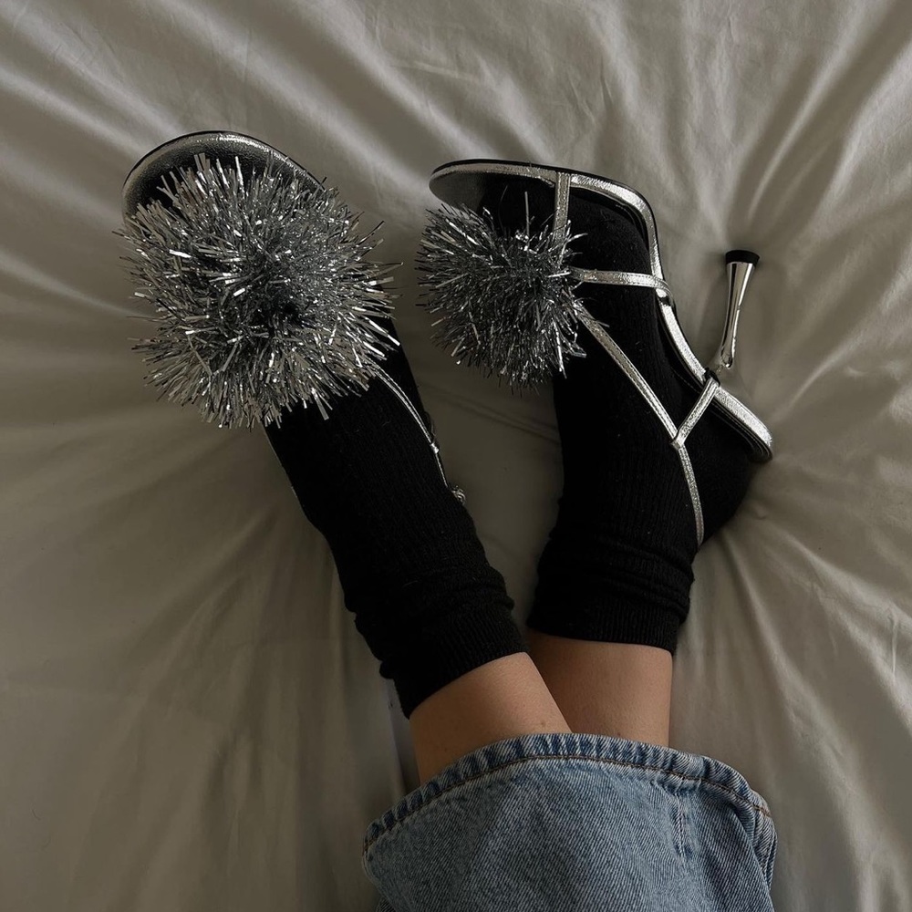 Zara Silver Metallic Pompom Sandals